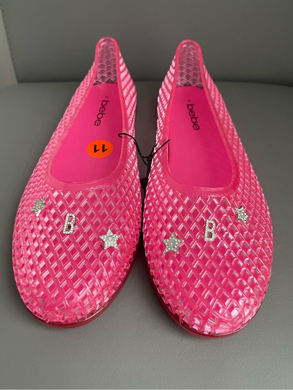 Bebe Pink Jelly Flat Sandals with Rhinestone Charms Women’s Size 11